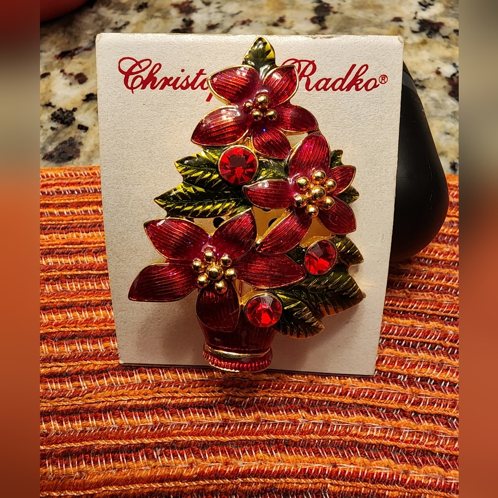 Christopher Radko Vintage Christmas Poinsettia Brooch Pin